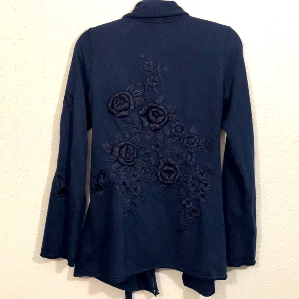 Lucky Brand Navy Blue Embroidered Wrap French Terry Cardigan size L